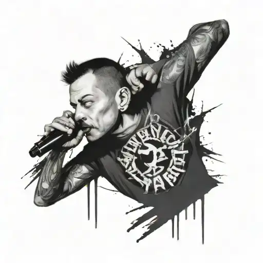 chester Bennington and logo of linkin park being spraypainted on a wall by the album cover of meteora linkin park tattoo design idea
