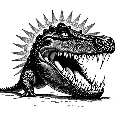 Crocodile with human teeth, the sun and stars bite tattoo design idea