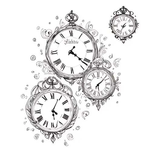 4 clocks with dates and initials tattoo design idea