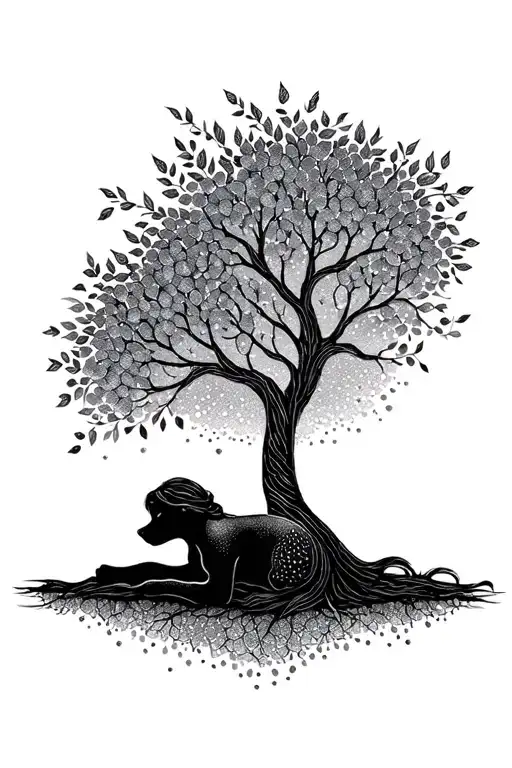 create a tree of life tattoo with the trunk in the silhouette of a woman. have leaves blowing in the wind. dog sleeping tattoo design idea
