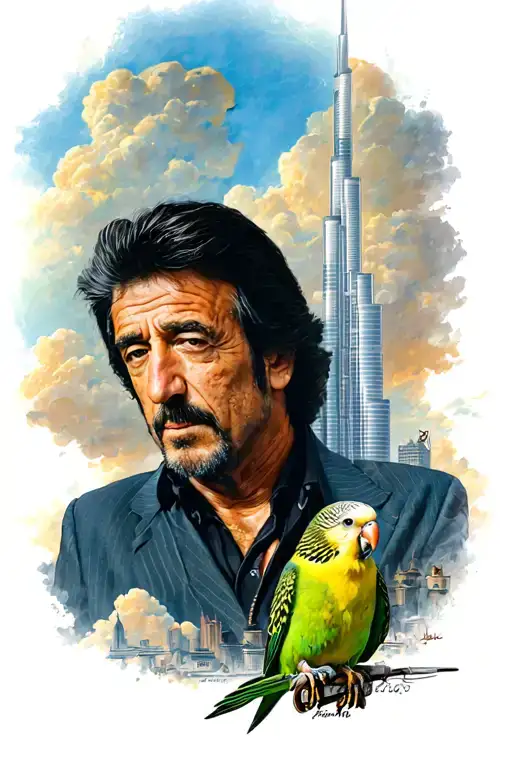 burj kalifa scarface Al Pacino with budgies and clouds  tattoo design idea
