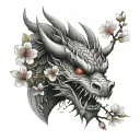 white background, tattoo design, black gray gradient, realistic fece dragon head, Japanese cherry blossom, tattoo design idea