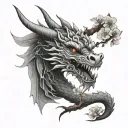 white background, tattoo design, black gray gradient, realistic fece dragon head, Japanese cherry blossom, tattoo design idea
