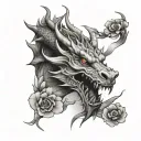white background, tattoo design, black gray gradient, realistic fece dragon head, Japanese cherry blossom, tattoo design idea