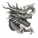 white background, tattoo design, black gray gradient, realistic fece dragon head, Japanese cherry blossom, tattoo design idea