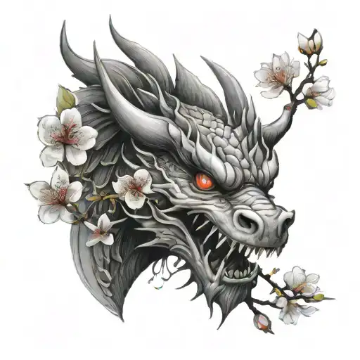 white background, tattoo design, black gray gradient, realistic fece dragon head, Japanese cherry blossom, tattoo design idea