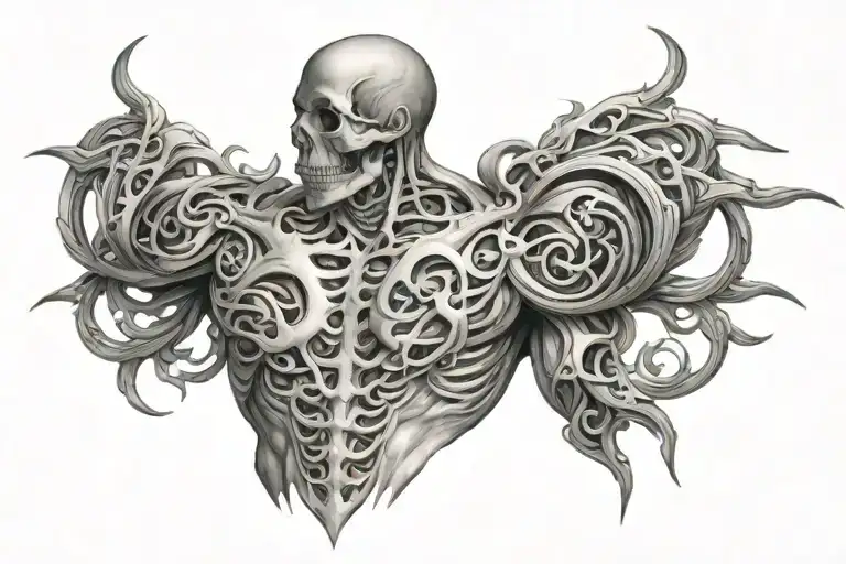 muscle enhancing alchemy magic upper back and spine and shoulder to shoulder tattoo design idea