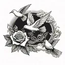 roses, doves flying, clouds surrounding, delaforce writing  tattoo design idea