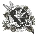 roses, doves flying, clouds surrounding, delaforce writing  tattoo design idea
