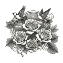 roses, doves flying, clouds surrounding, delaforce writing  tattoo design idea