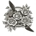 roses, doves flying, clouds surrounding, delaforce writing  tattoo design idea