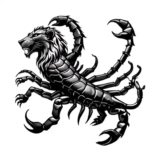 Lion, balance et scorpion intertwined tattoo design idea