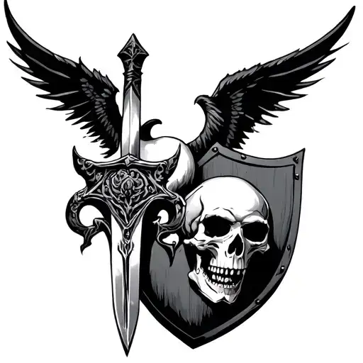 Skull, sword and shield, wings of the demon. tattoo design idea