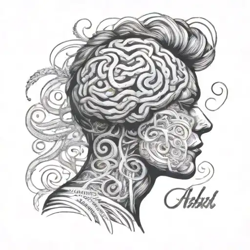 silhouette looking down with a brain made of pen scribbles and hurtful words inside the bra showing the struggle of ADHD tattoo design idea