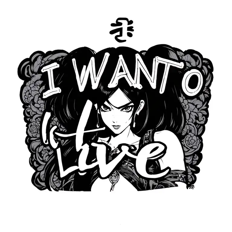 the words (i want to live) around nico robin from onepiece tattoo design idea