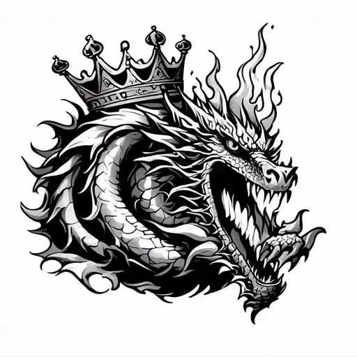 Tattoo on the shoulder, the dragon erupted the fire against the background of a large crown in the paw dollars tattoo design idea