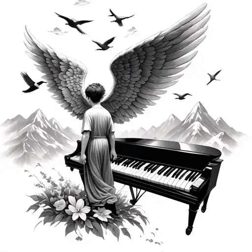 young boy covered in God's wings walking on long piano keys leading to nature mountains birds and heaven with flowers tattoo design idea
