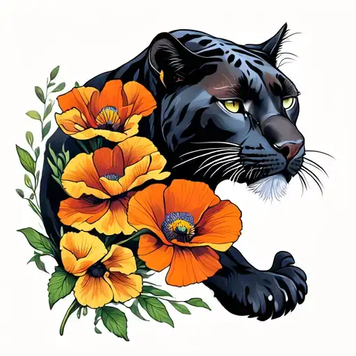 American traditional panther with california poppies incorporated tattoo design idea