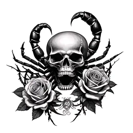 scorpions and skulls and roses surrounded tattoo design idea