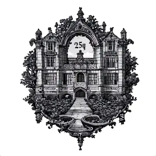 Fine line tattoo Please do the Harlaxton Manor in Europe as a stamp and on the edge do the number 25 tattoo design idea