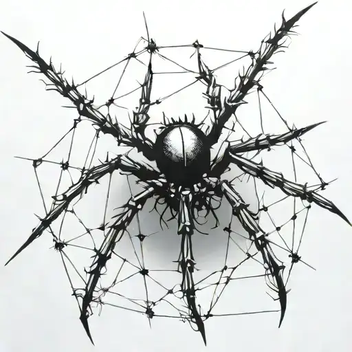 A gothic cybersigilism spider crawling on a barbed wire fence tattoo design idea