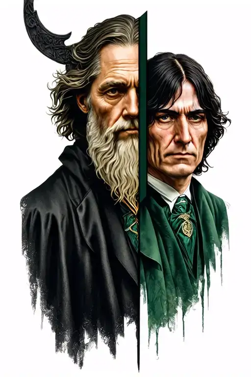 Professor Dumbledore and Professor Snape cut down the middle together with half body side by side tattoo design idea