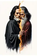 Professor Dumbledore and Professor Snape cut down the middle together with half body side by side tattoo design idea
