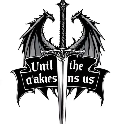 "Until the darkness claims us " sword with wyvern wings  tattoo design idea
