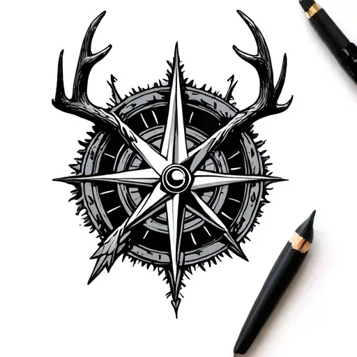 Deer Antlers arrowhead compass tattoo design idea