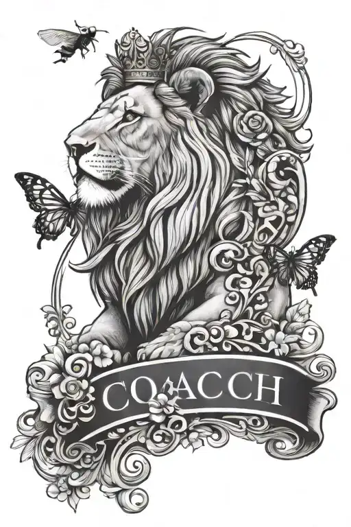 A majestic lion with a crown and a bee with a whistle, representing the coach's role in guiding and motivating others tattoo design idea