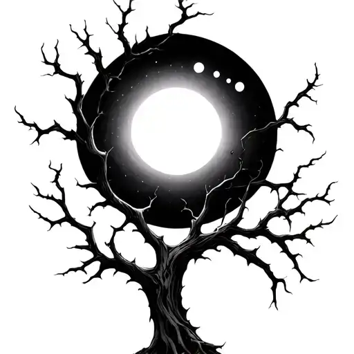 A burnt, bare tree with thorny tendrils, in the background a solar eclipse or moon phases tattoo design idea