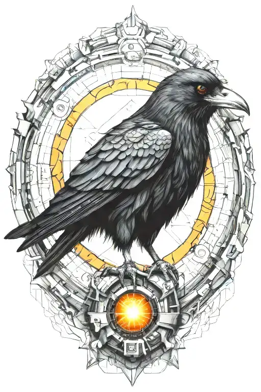 cyberpunk synthetic raven with orange robotic eyes inside cyber circle and microschemes high quality watching moon tattoo design idea