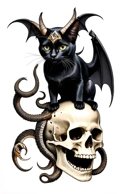 Black cat with bat wings, pentagon on forehead, with goat horns, serpents coming out of mouth, standing on a skull  tattoo design idea