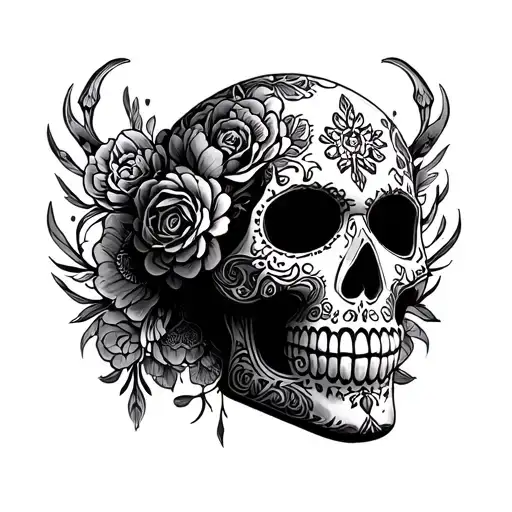 Mexican sugar skull surrounded tattoo design idea