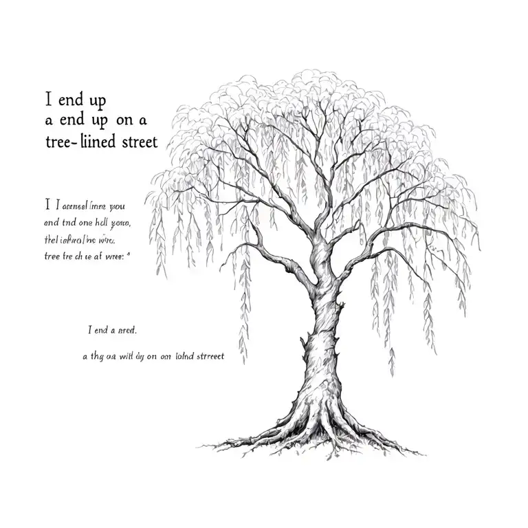 A willow tree on the right shoulder with lyrics "I end up on a tree-lined street" on the spine tattoo design idea