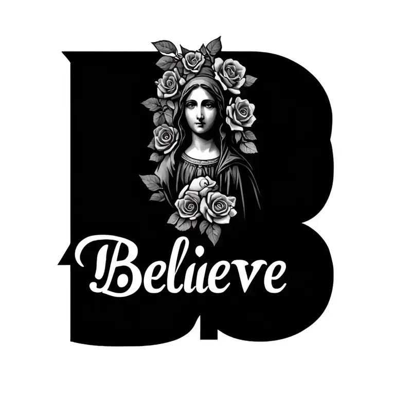 the word Believe written with the Madonna imbedded in the letter B and small roses tattoo design idea