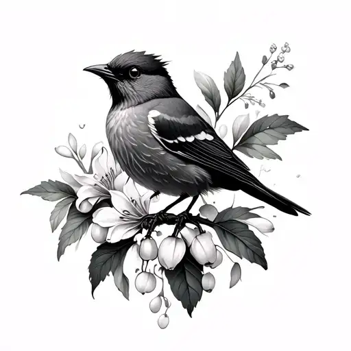 torogoz bird with hawthorn and lily of the valley flower tattoo design idea