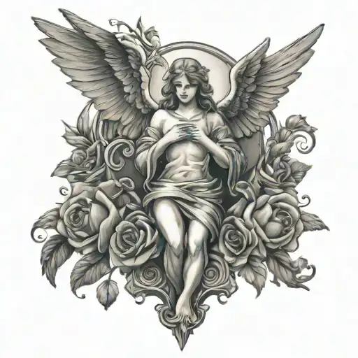 cross with an angel with wings and pigeons and roses tattoo design idea