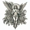 cross with an angel with wings and pigeons and roses tattoo design idea