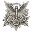 cross with an angel with wings and pigeons and roses tattoo design idea
