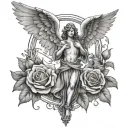 cross with an angel with wings and pigeons and roses tattoo design idea