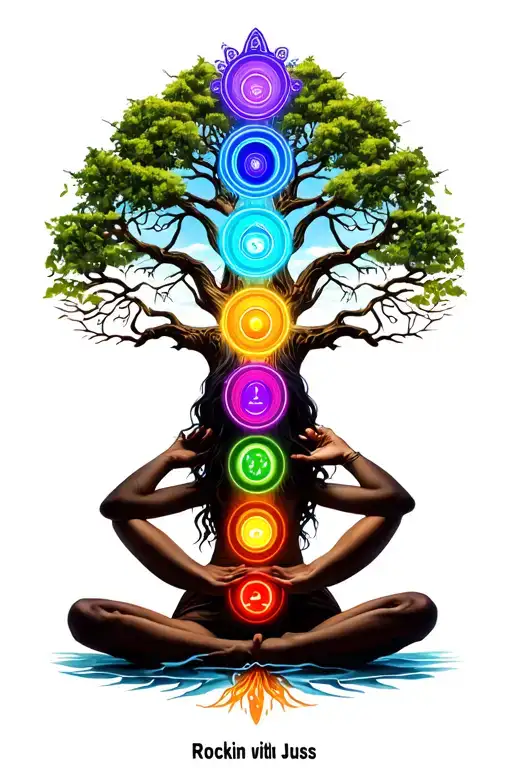 "Rockin with Juss" tree of life with 7 chakras with mediation pose within tattoo design idea
