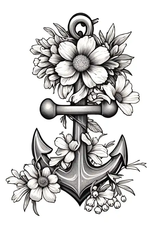anchor with marigold, daffodil, daisy, lily of the valley tattoo design idea