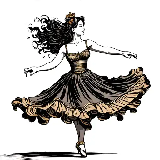 tattoo design style, bold outlines, high contrast, vertical layout A beautiful woman dancing alone in a traditional squa tattoo design idea