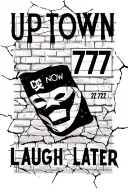 street sing saying uptown and 202 by a cracked brick wall with DC flag spray painted. cry now laugh later mask, 777 tattoo design idea