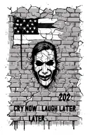 street sing saying uptown and 202 by a cracked brick wall with DC flag spray painted. cry now laugh later mask, 777 tattoo design idea