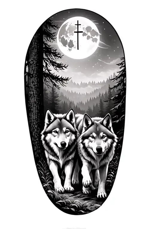 Design half sleeve tattoo. 2 adult wolves walking through the forest with 1 wolf pup. moon on shoulder with cross inside tattoo design idea
