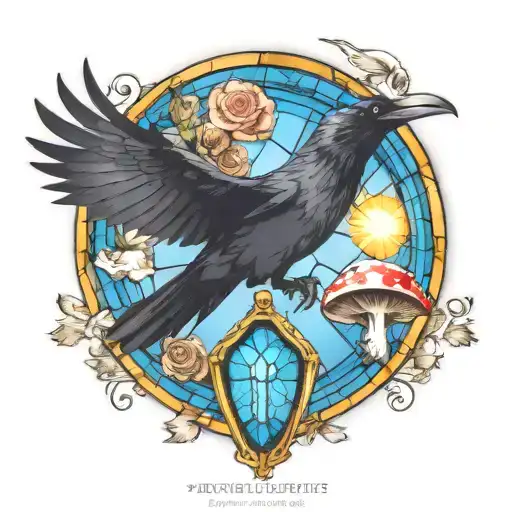 raven flying with a skull border amanita mushrooms and roses with blue stained glass window background and bright sun tattoo design idea