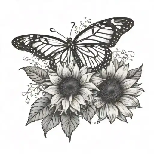 sunflower with baby's breath and vines with a monarch butterfly  tattoo design idea