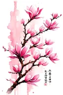 A Japanese-inspired illustration featuring a delicate branch adorned with vertically arranged soft pink magnolia blossom tattoo design idea